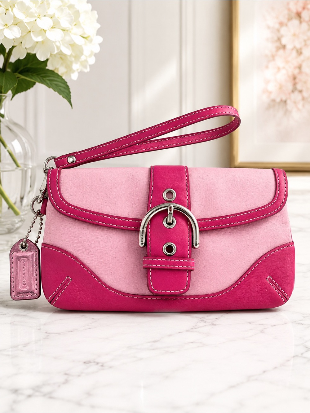 Coach Vintage Y2K Pink Canvas Leather Buckle Wristlet Clutch Bag
